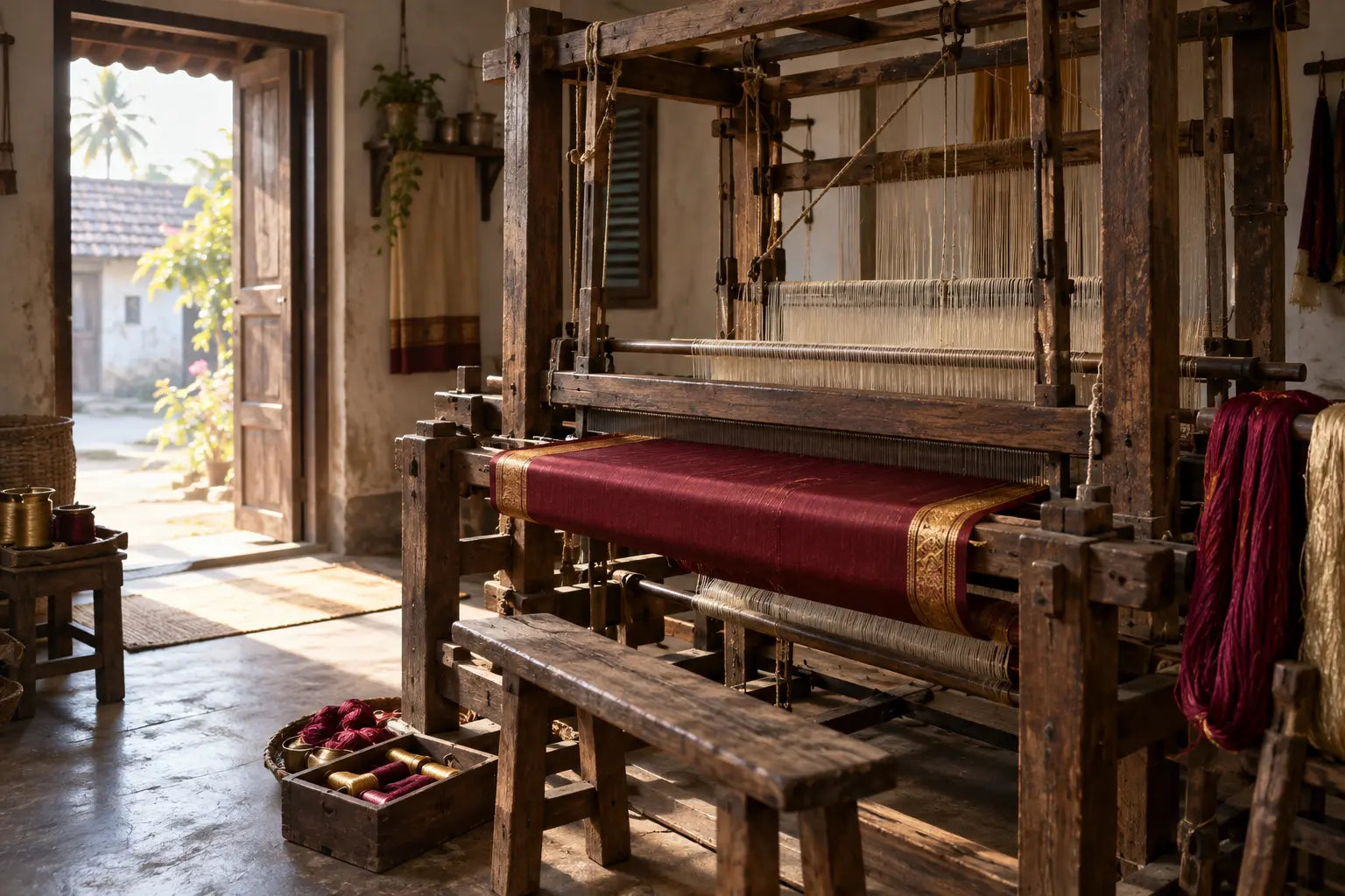 An empty wooden handloom in an Arani workshop, lit by the first light of morning