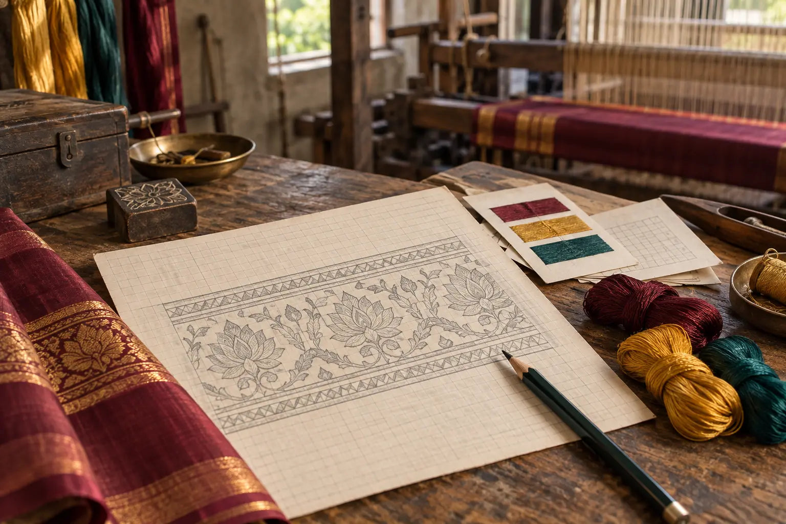 A hand-drawn saree motif, colour samples and silk threads arranged on a wooden design table