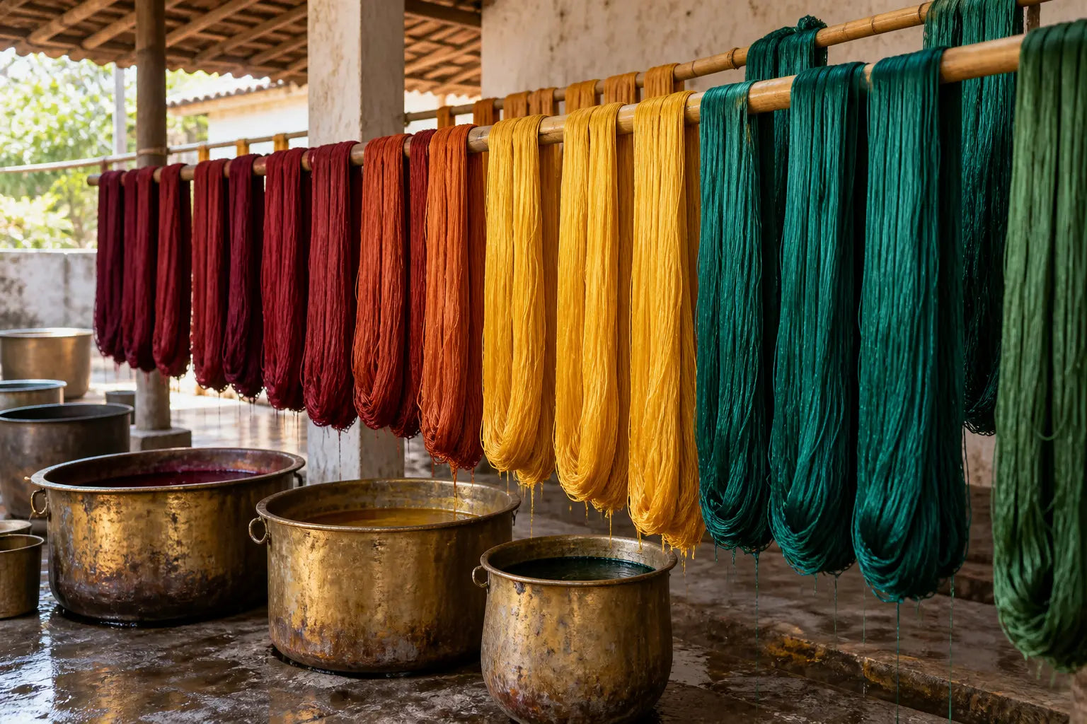Freshly dyed maroon, gold and green silk hanks drying on bamboo rails