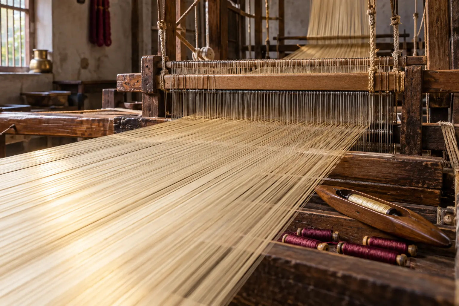 Fine cream-gold warp threads aligned through the heddles of a traditional wooden loom