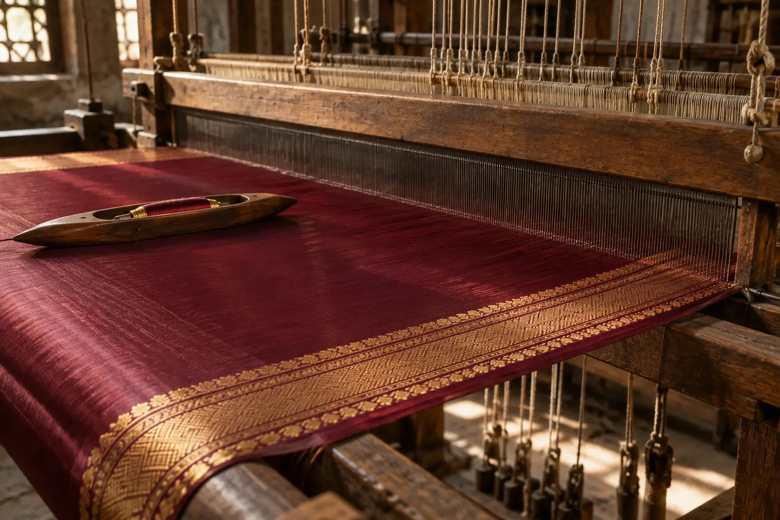 A maroon silk saree and gold border taking shape on a handloom beside a wooden shuttle