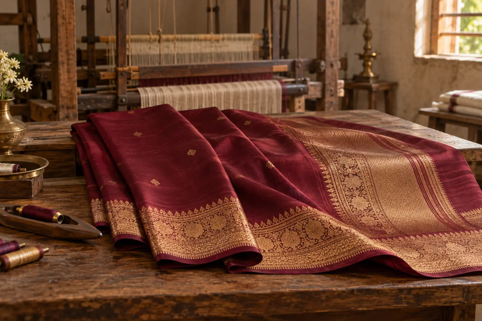 A completed maroon-and-gold silk saree opened across a wooden table beside the loom